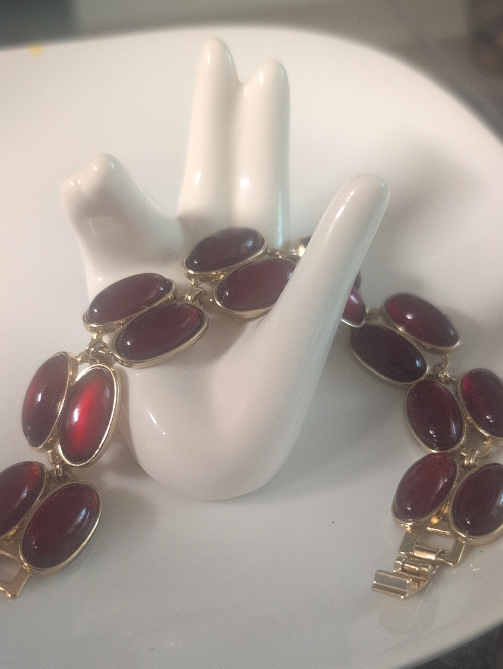 Vintage Mid- Century Gold Tone Double Cabochon Link Panel Bracelet